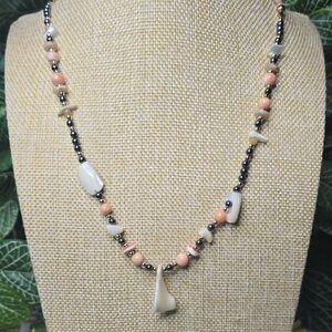 Pink Coral, Mother Of Pearl, Hematite, And Shell Necklace